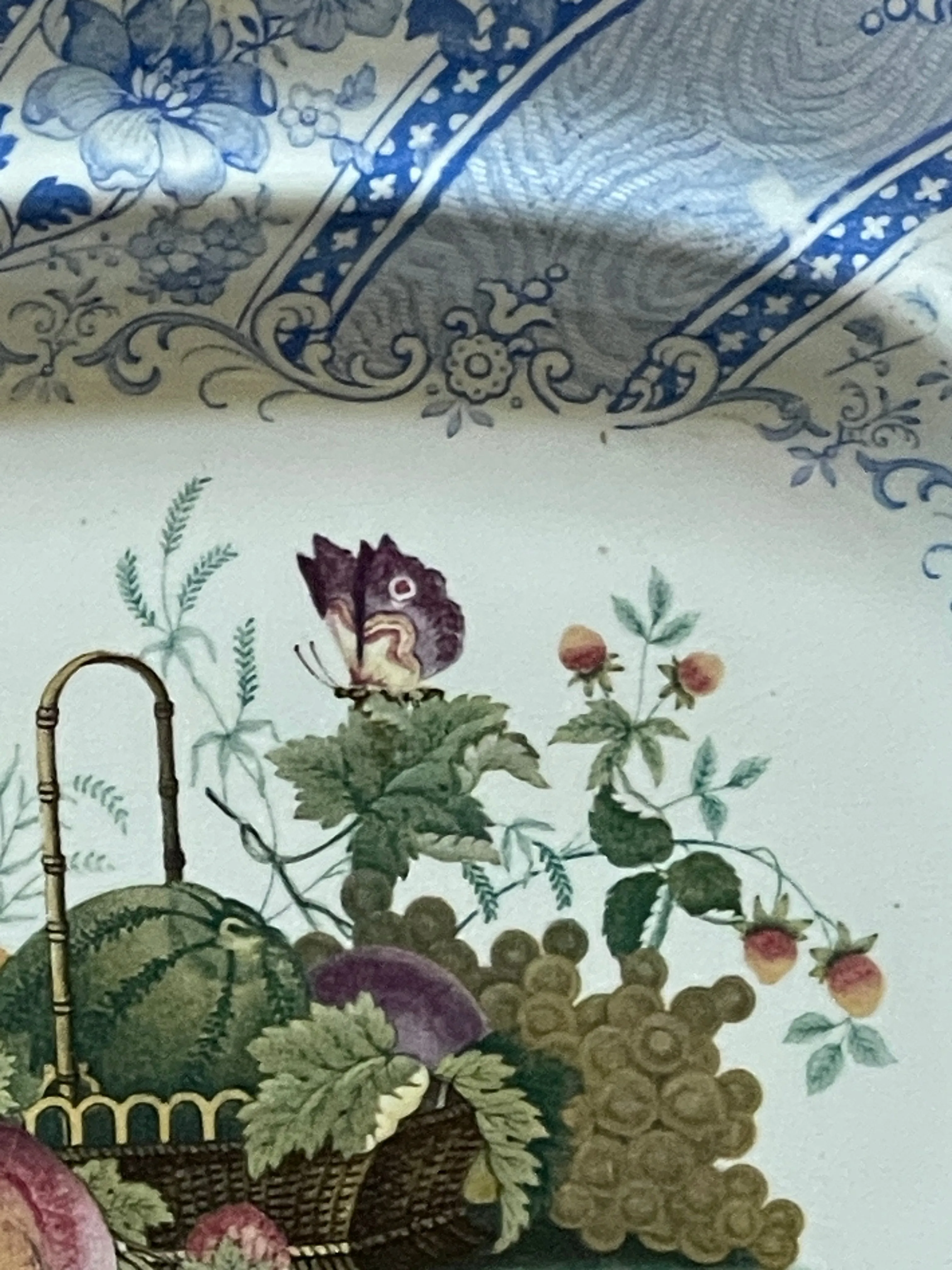 RARE William Smith & Co ' WEDGeWOOD ' Fruit Basket Faux Bois Light Blue Polychrome Transferware Platter