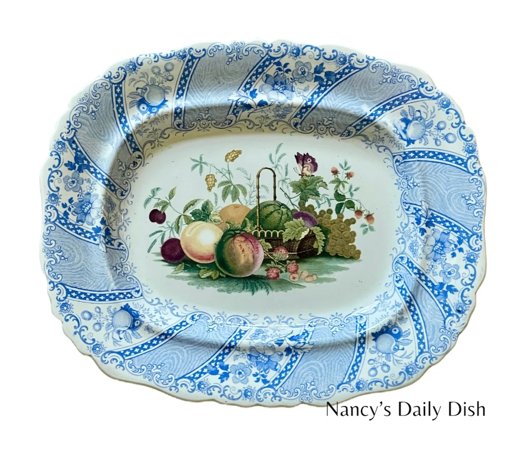 RARE William Smith & Co ' WEDGeWOOD ' Fruit Basket Faux Bois Light Blue Polychrome Transferware Platter