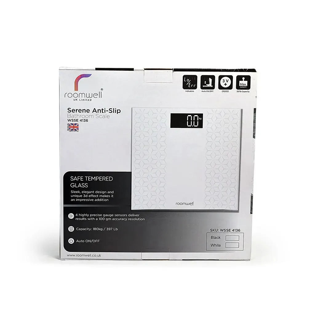 Roomwell Serene Digital Glass Weighing Scale, High Precision Sensors, LED Display, 150 Kg Capacity, Anti-Slip Surface, Color White