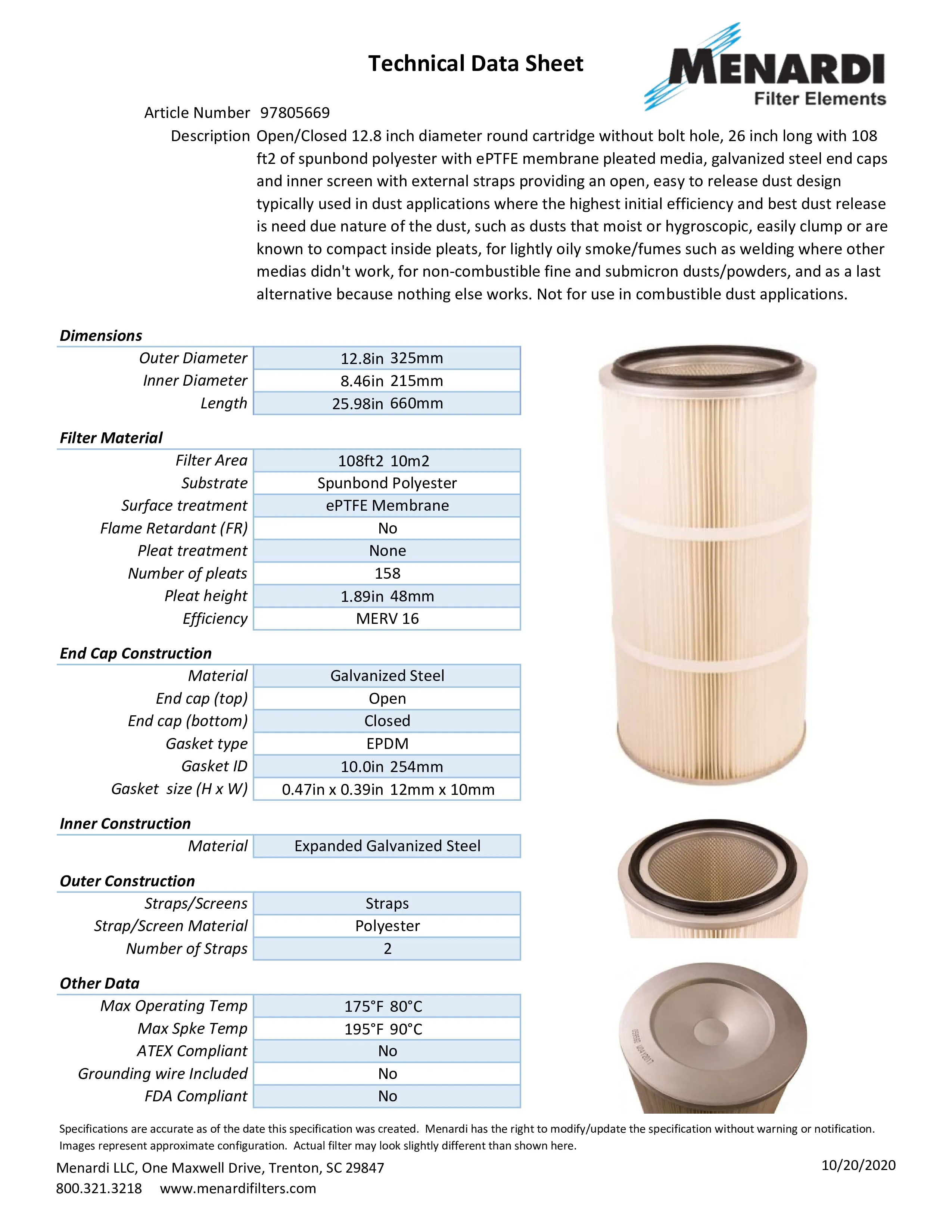 Round 12.8in x 26in Open/Closed Dust Collector Cartridge, Spunbond Polyester w/ PTFE Membrane