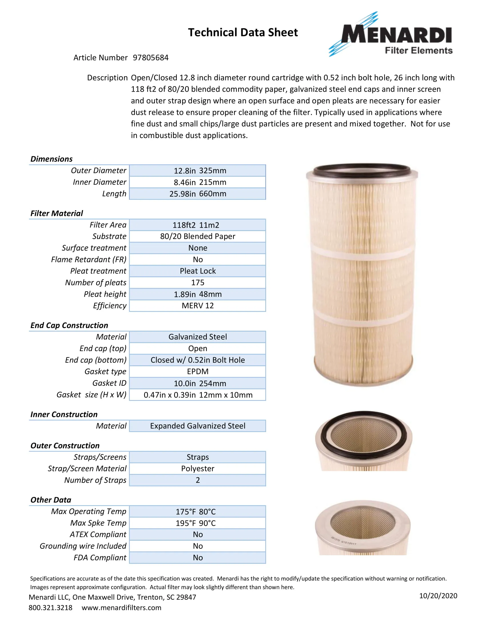 Round 12.8in x 26in Open/Closed w/Bolt Hole Dust Collector Cartridge, 80/20 Blended Paper Wide Pleat and 2 Straps