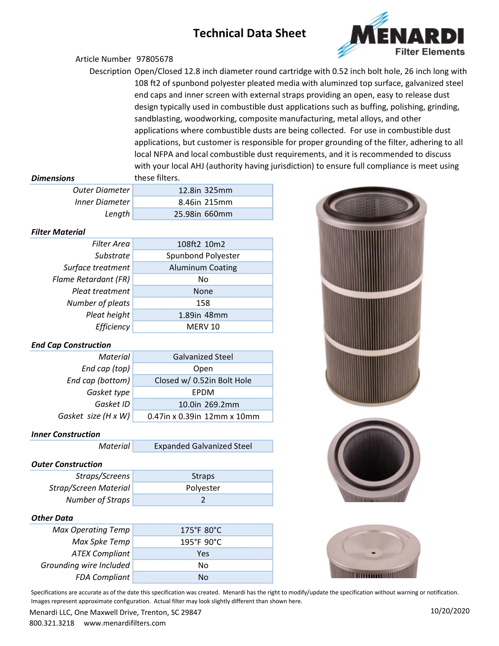 Round 12.8in x 26in Open/Closed w/Bolt Hole Dust Collector Cartridge, Spunbond Polyester w/ Aluminum Coating