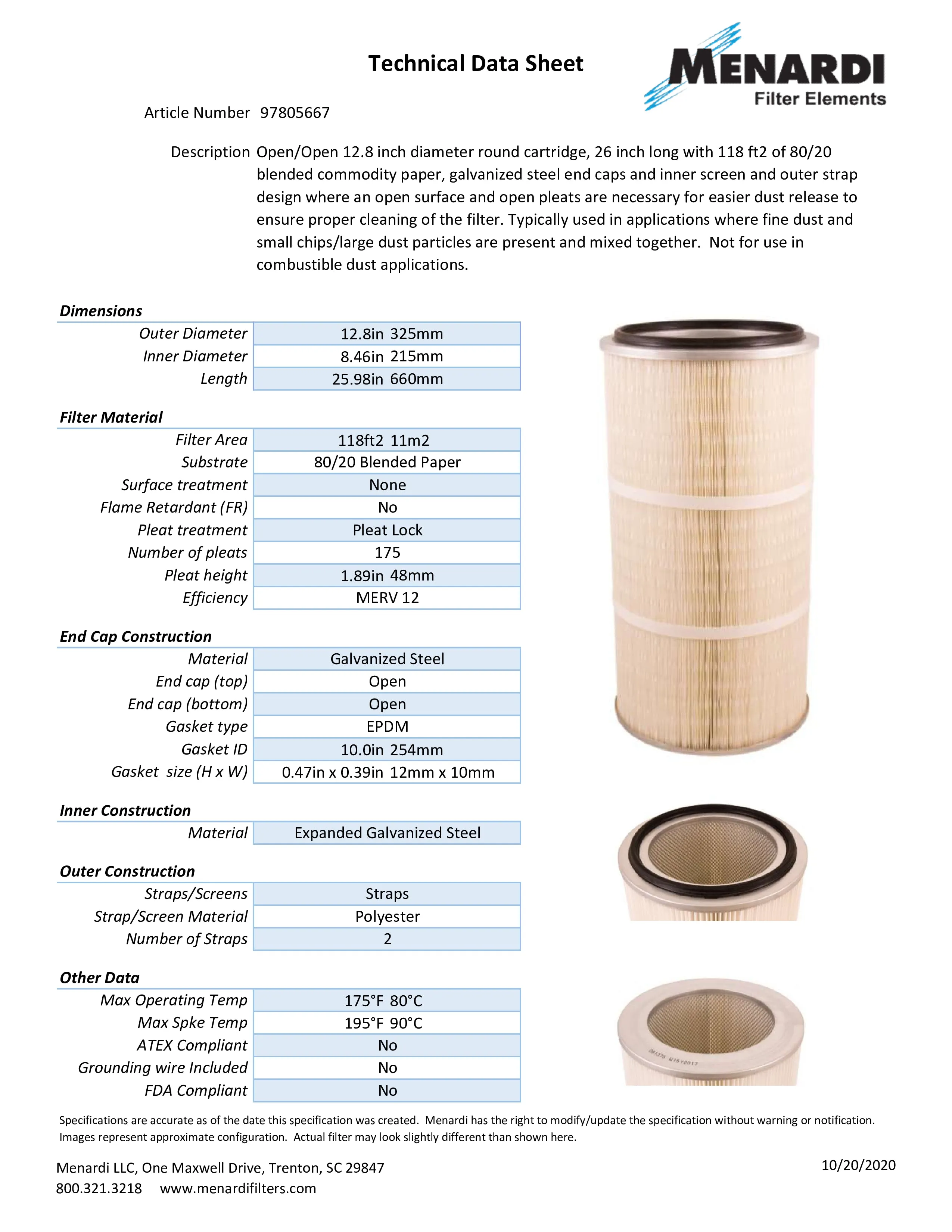 Round 12.8in x 26in Open/Open Dust Collector Cartridge, 80/20 Blended Paper Wide Pleat and 2 Straps