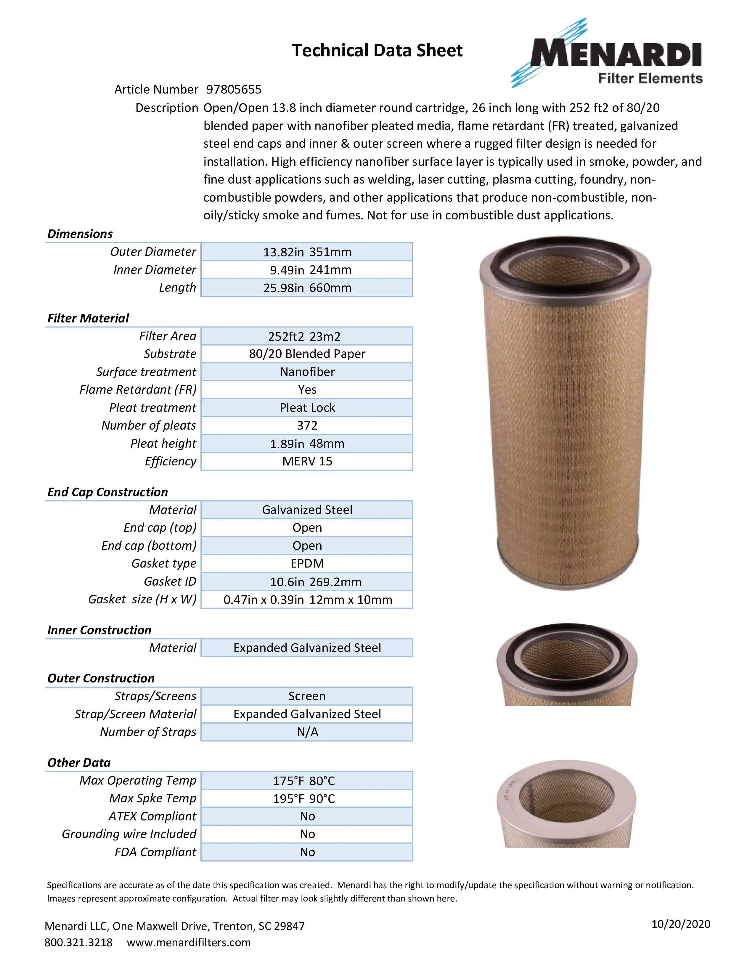 Round 13.8in x 26in Open/Open Dust Collector Cartridge, FR Treated 80/20 Blended Paper w/ Nanofiber and Outer Metal Screen