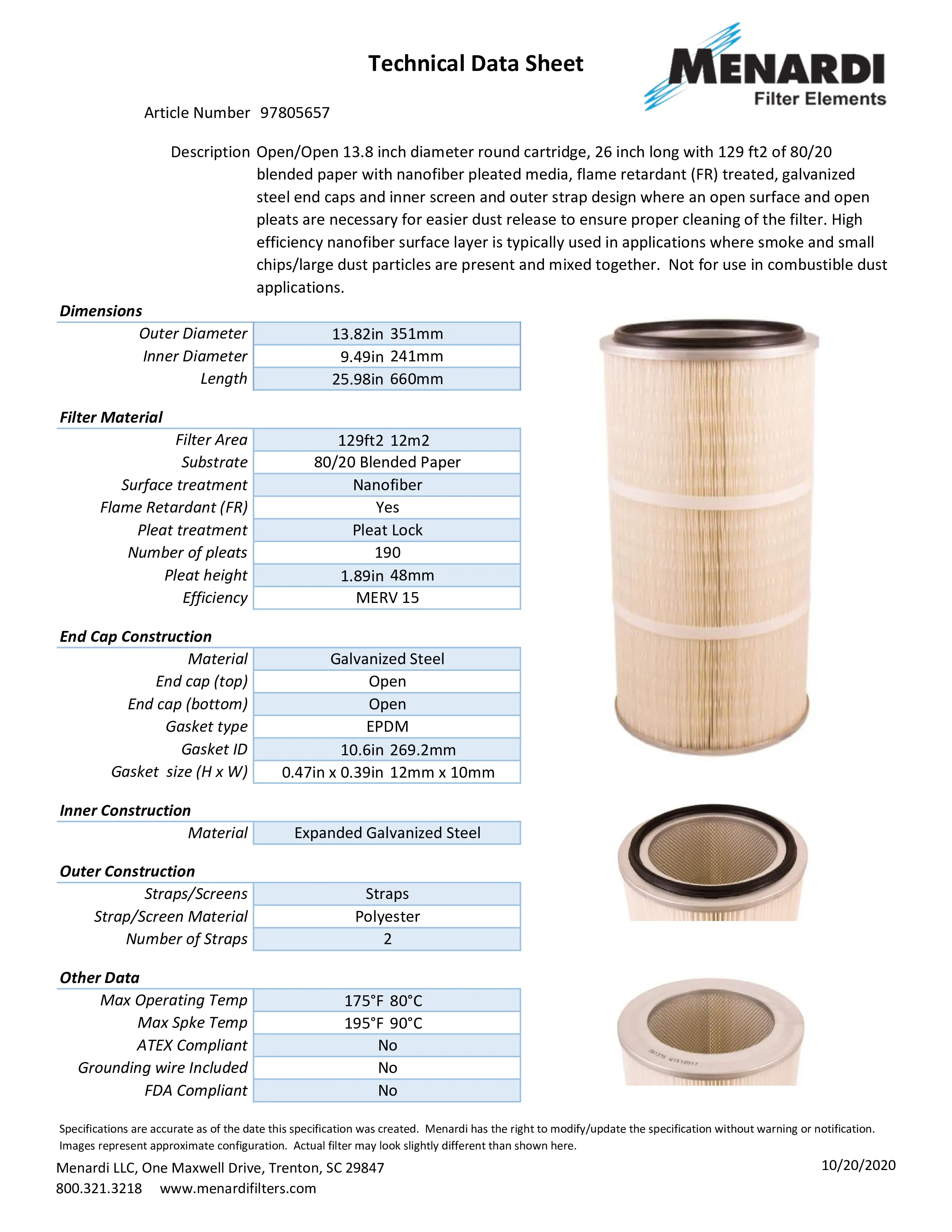 Round 13.8in x 26in Open/Open Dust Collector Cartridge, FR Treated 80/20 Blended Paper w/ Nanofiber, Wide Pleat and 2 Straps