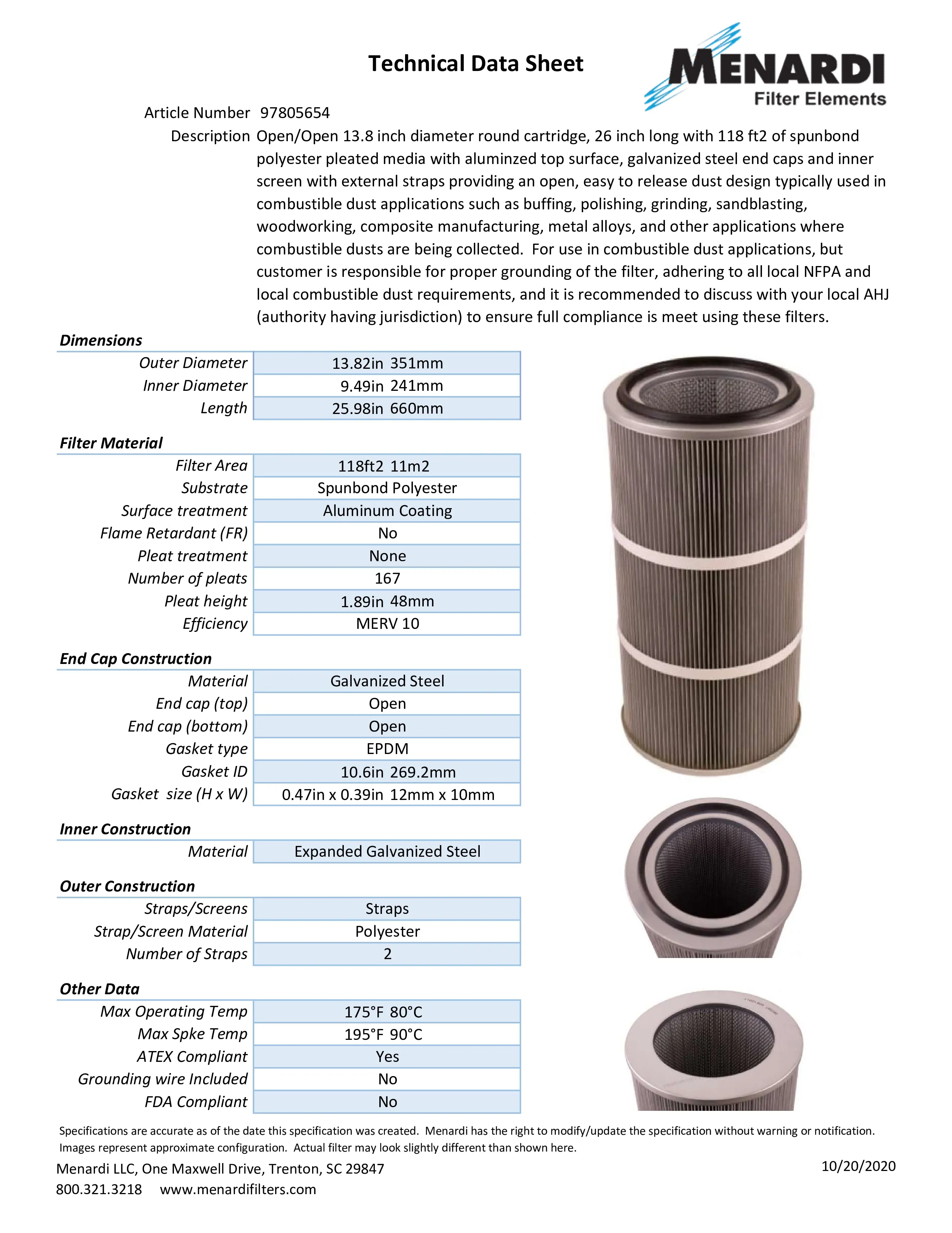 Round 13.8in x 26in Open/Open Dust Collector Cartridge, Spunbond Polyester w/ Aluminum Coating