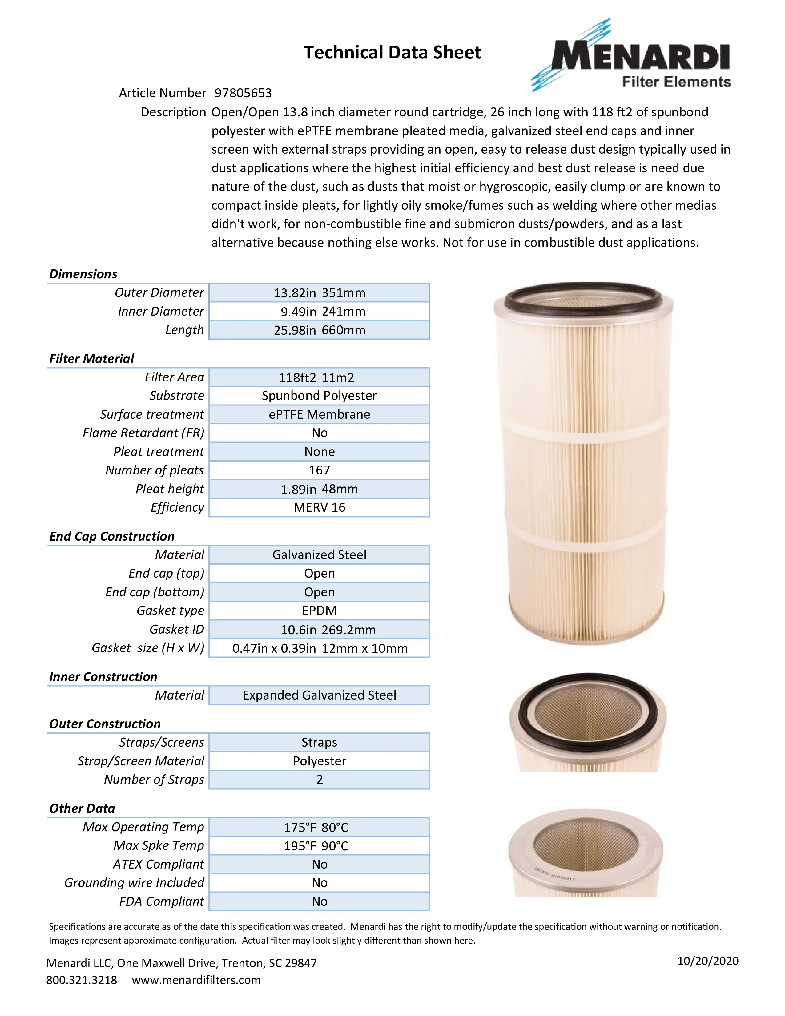 Round 13.8in x 26in Open/Open Dust Collector Cartridge, Spunbond Polyester w/ PTFE Membrane
