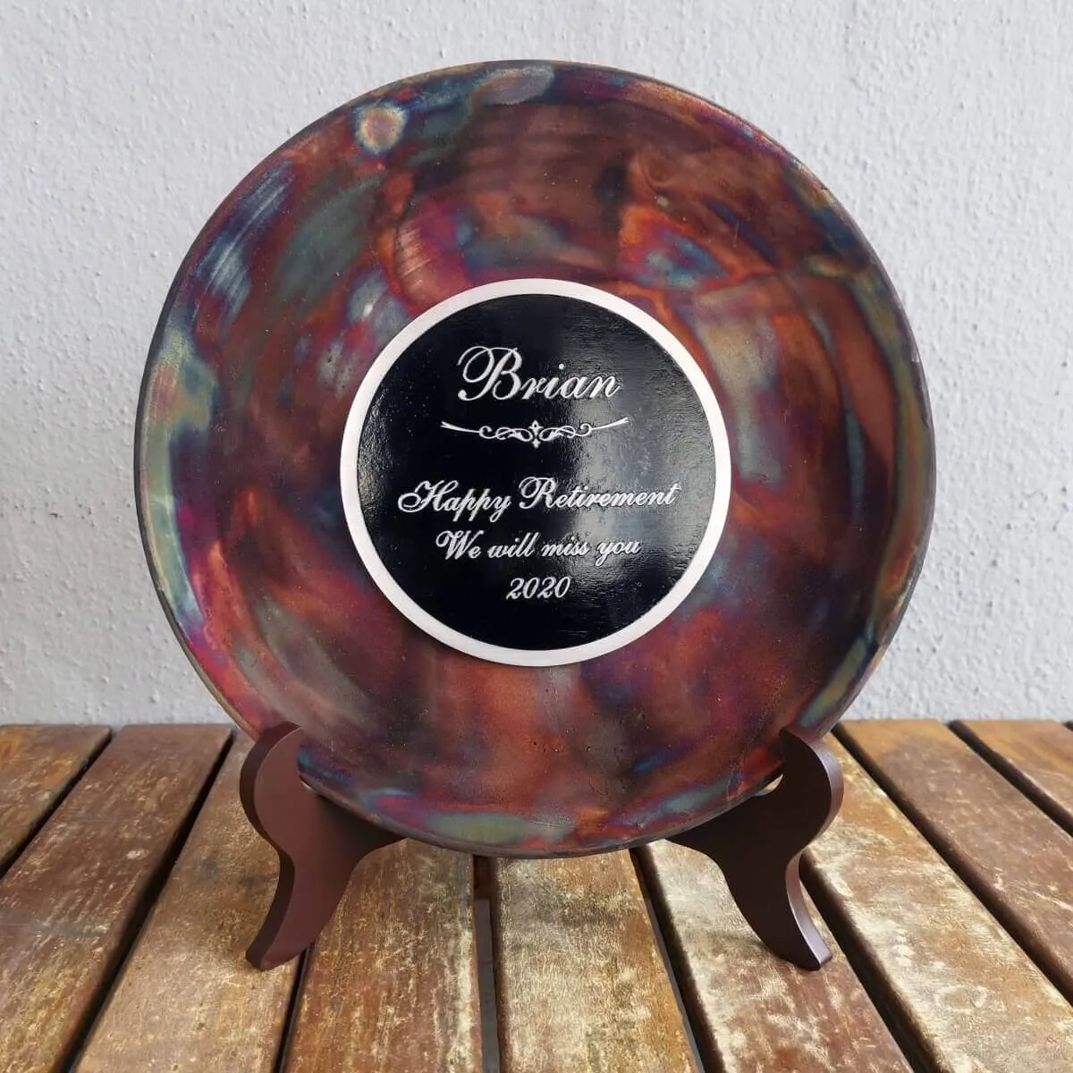 SARA Raku ceramic pottery plate with holder and custom engraving