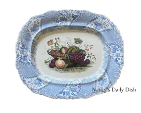 STUNNING & VERY RARE Lg 16" William Smith & Co ' WEDGeWOOD ' Fruit Basket Faux Bois Light Blue Polychrome Transferware Platter