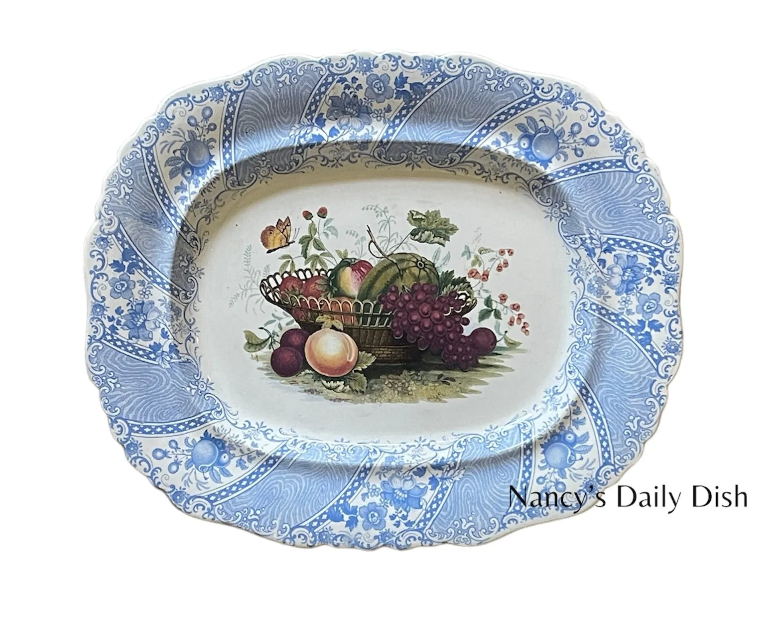 STUNNING & VERY RARE Lg 16" William Smith & Co ' WEDGeWOOD ' Fruit Basket Faux Bois Light Blue Polychrome Transferware Platter