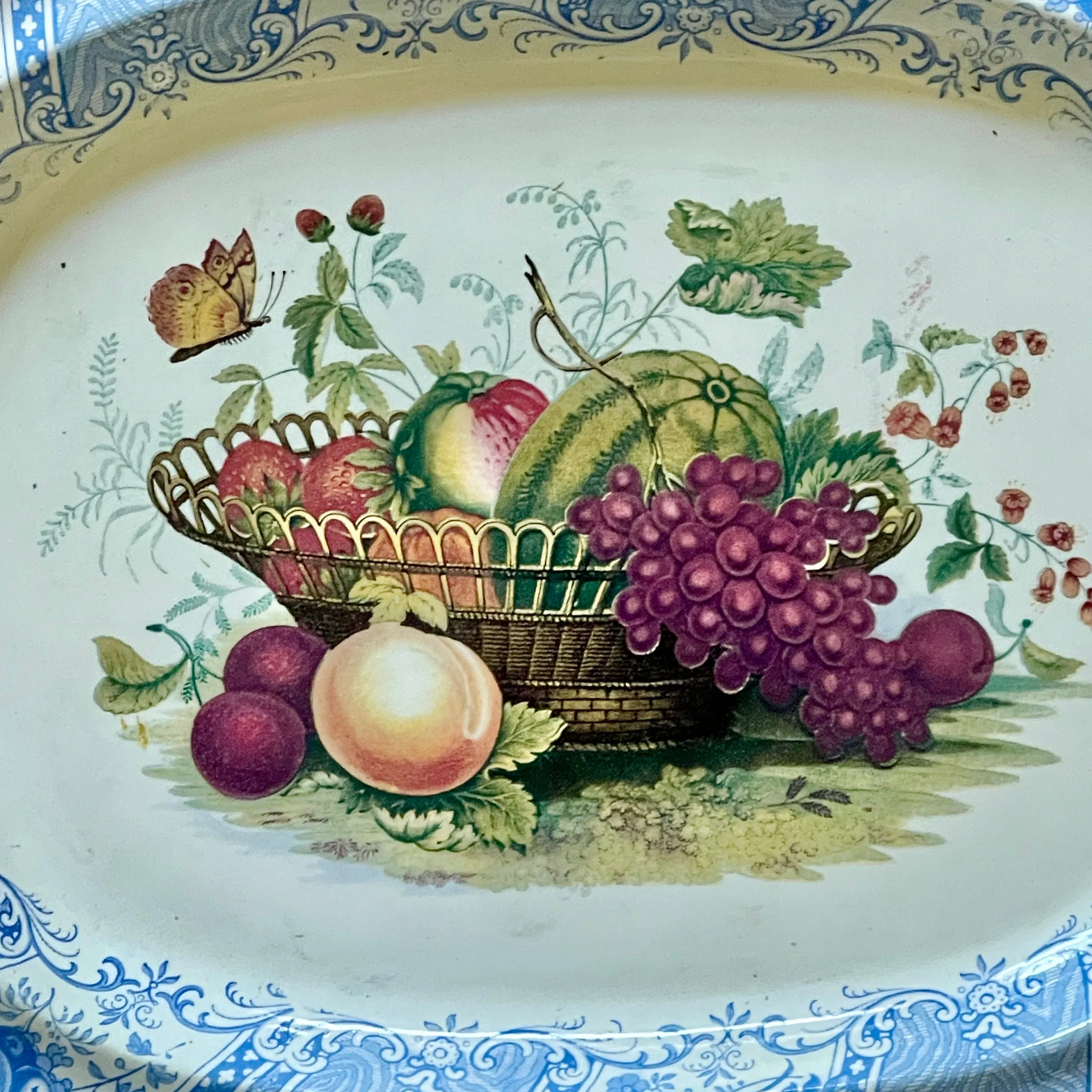 STUNNING & VERY RARE Lg 16" William Smith & Co ' WEDGeWOOD ' Fruit Basket Faux Bois Light Blue Polychrome Transferware Platter