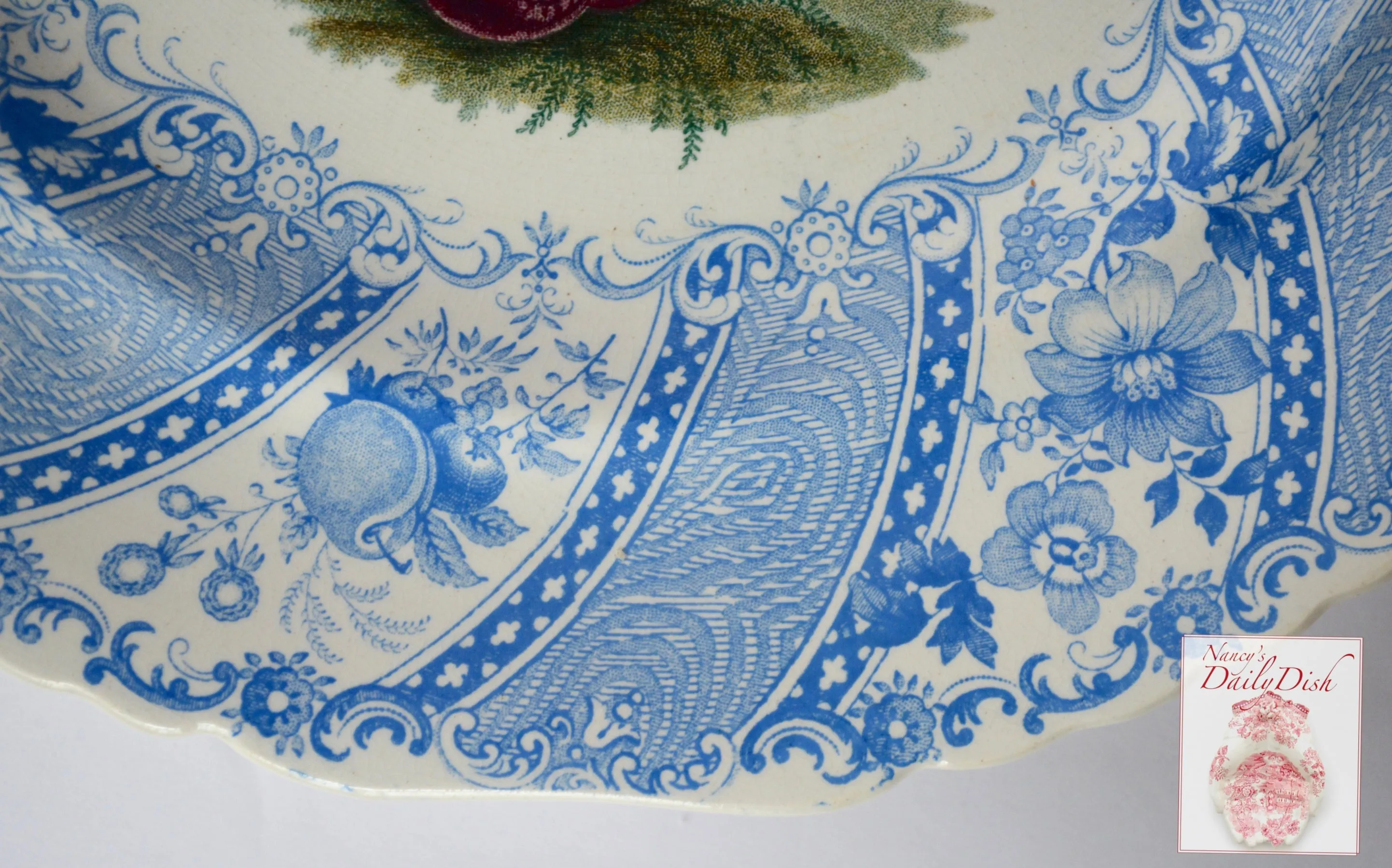 STUNNING & VERY RARE Lg 16" William Smith & Co ' WEDGeWOOD ' Fruit Basket Faux Bois Light Blue Polychrome Transferware Platter