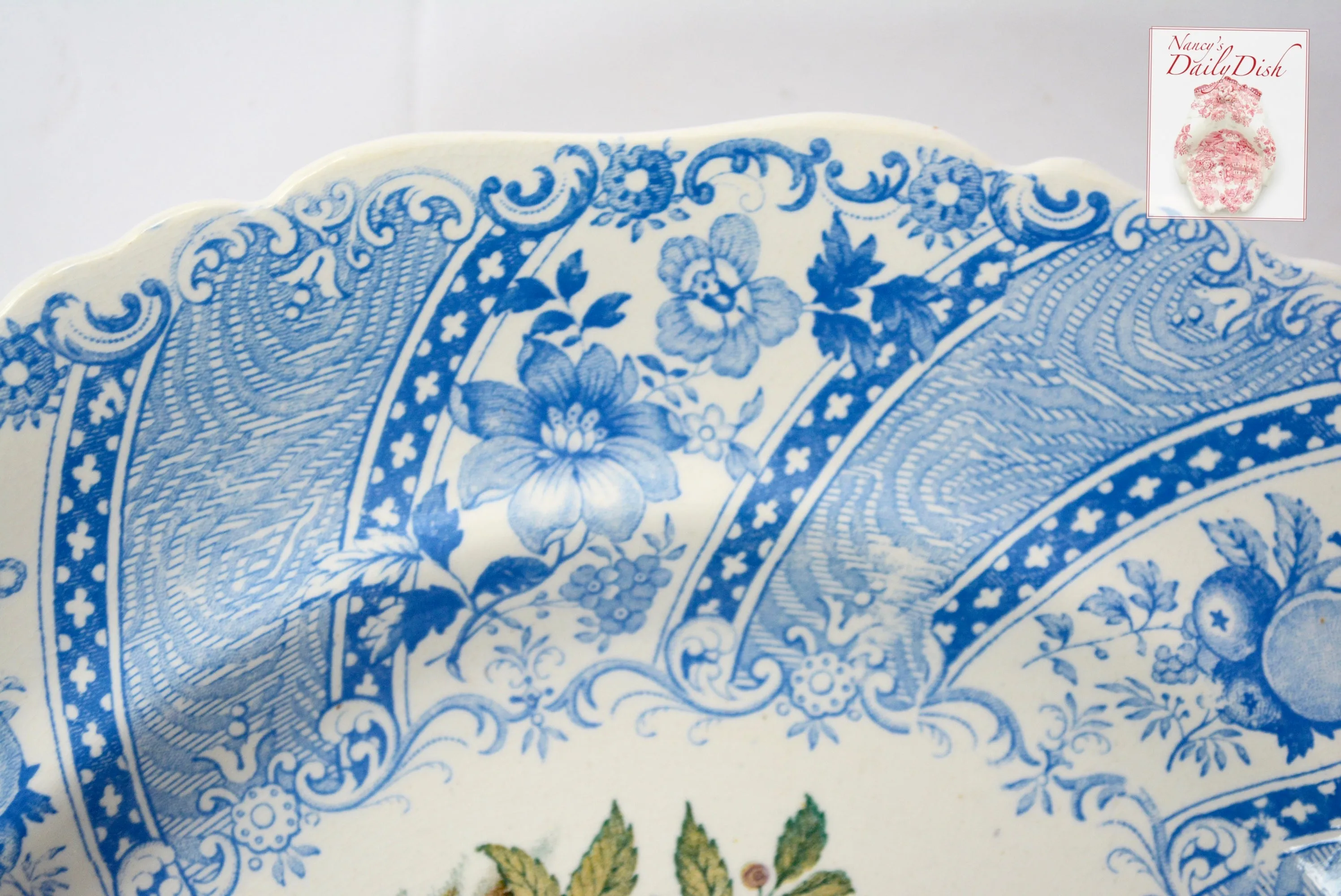 STUNNING & VERY RARE Lg 16" William Smith & Co ' WEDGeWOOD ' Fruit Basket Faux Bois Light Blue Polychrome Transferware Platter