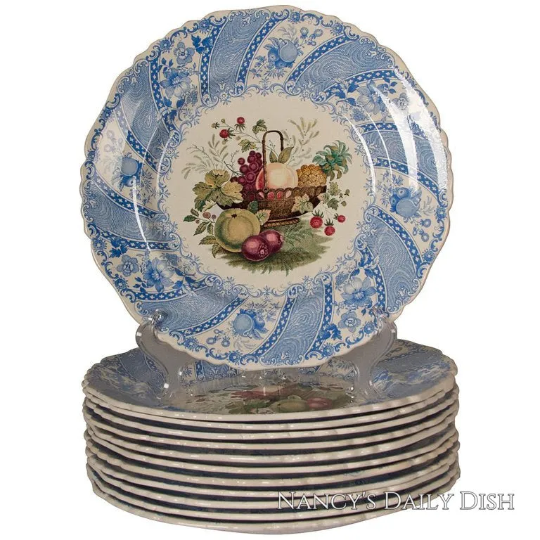 STUNNING & VERY RARE William Smith & Co ' WEDGeWOOD ' Fruit Basket Faux Bois Light Blue Polychrome Transferware Plate