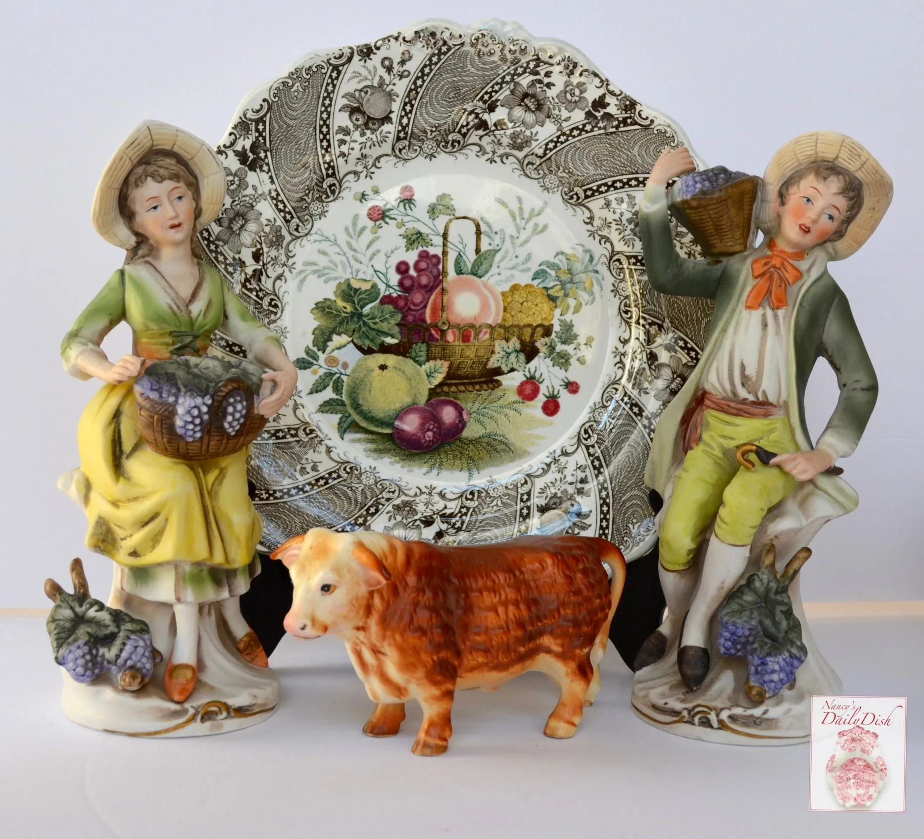 STUNNING & VERY RARE William Smith & Co ' WEDGeWOOD ' Fruit Basket Faux Bois Light Blue Polychrome Transferware Plate