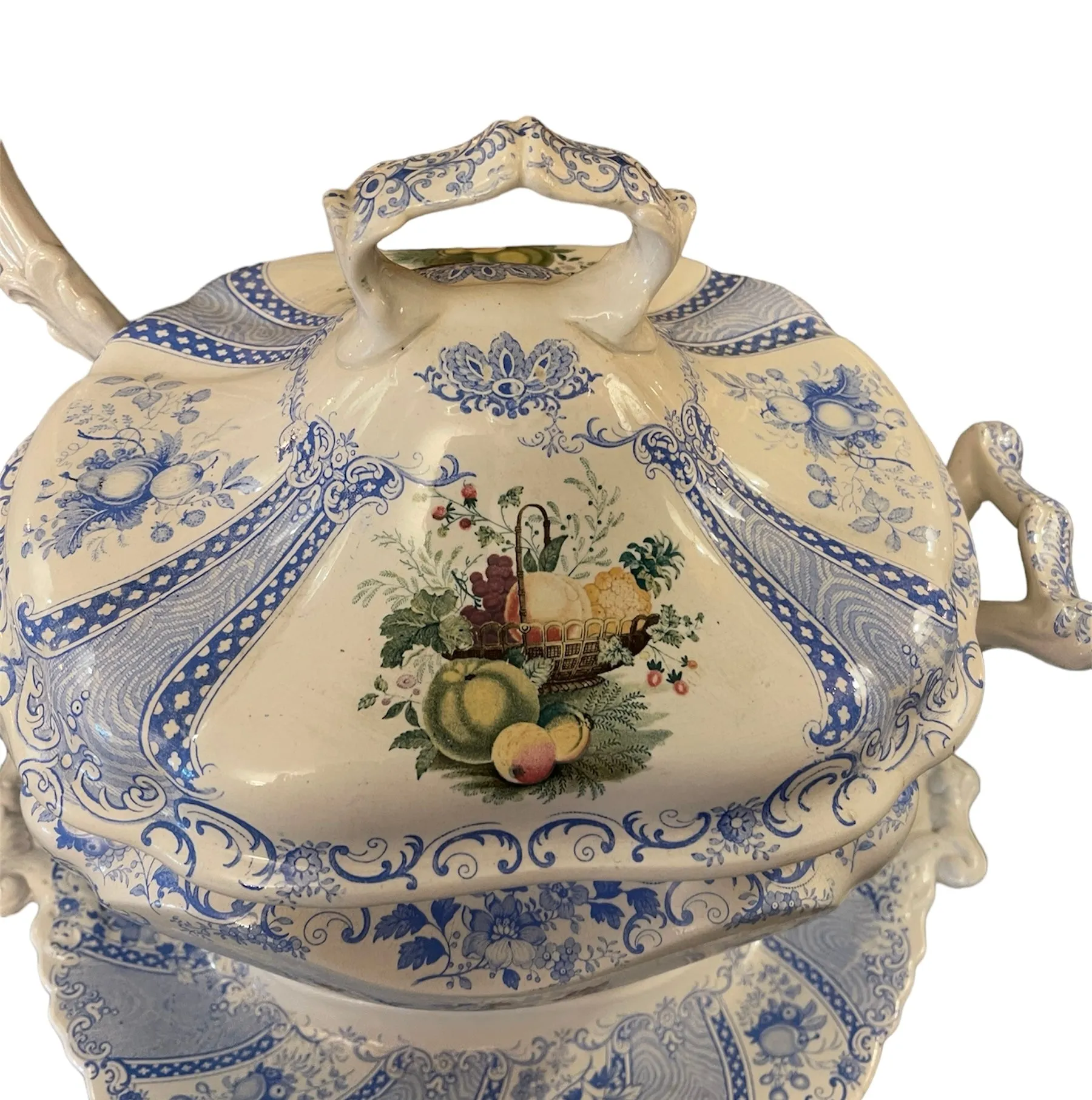 Super RARE Huge W S & Co ' WEDGeWOOD ' Fruit Basket Soup Tureen & Ladle Faux Bois Blue Polychrome Transferware