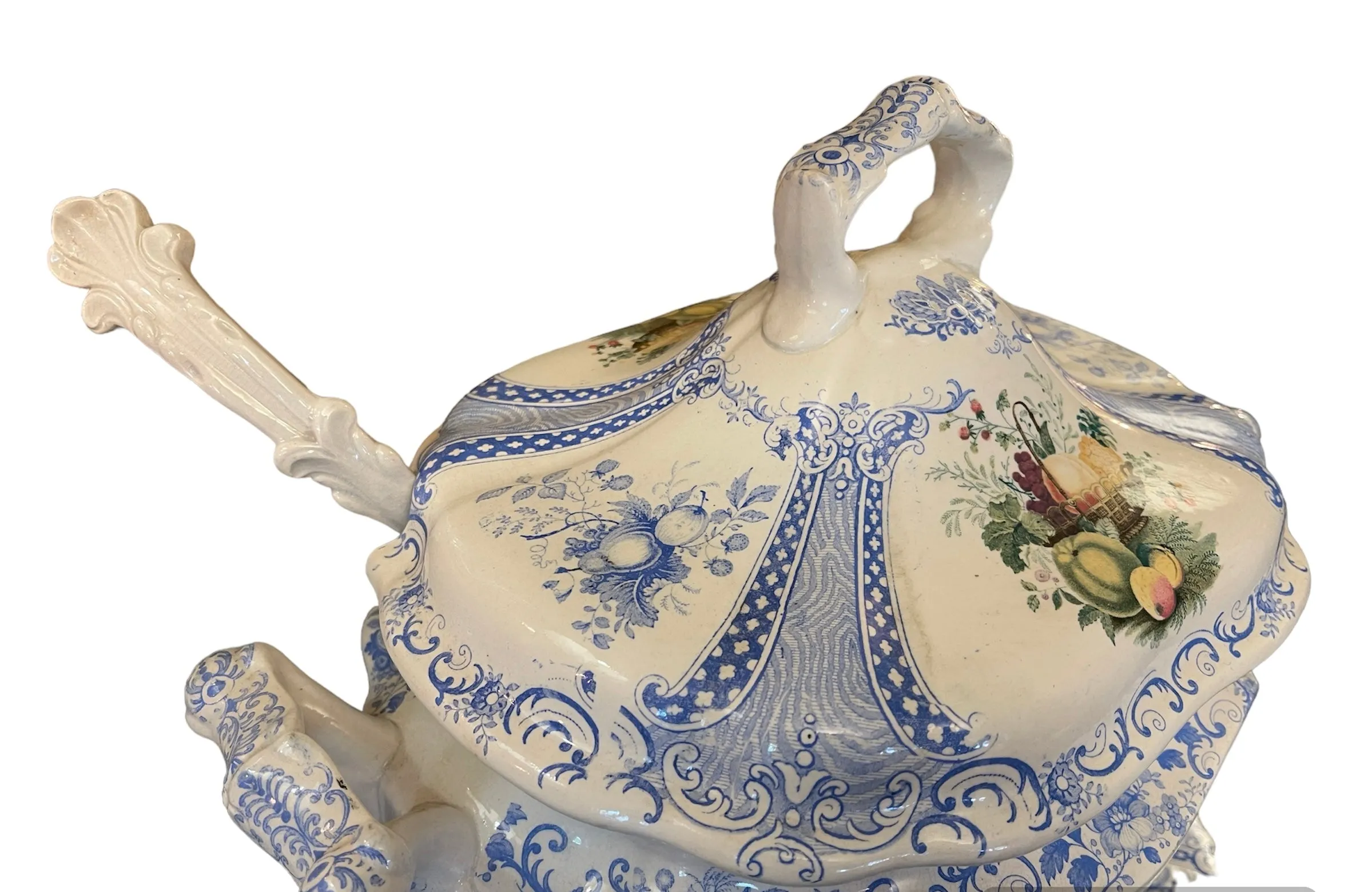 Super RARE Huge W S & Co ' WEDGeWOOD ' Fruit Basket Soup Tureen & Ladle Faux Bois Blue Polychrome Transferware