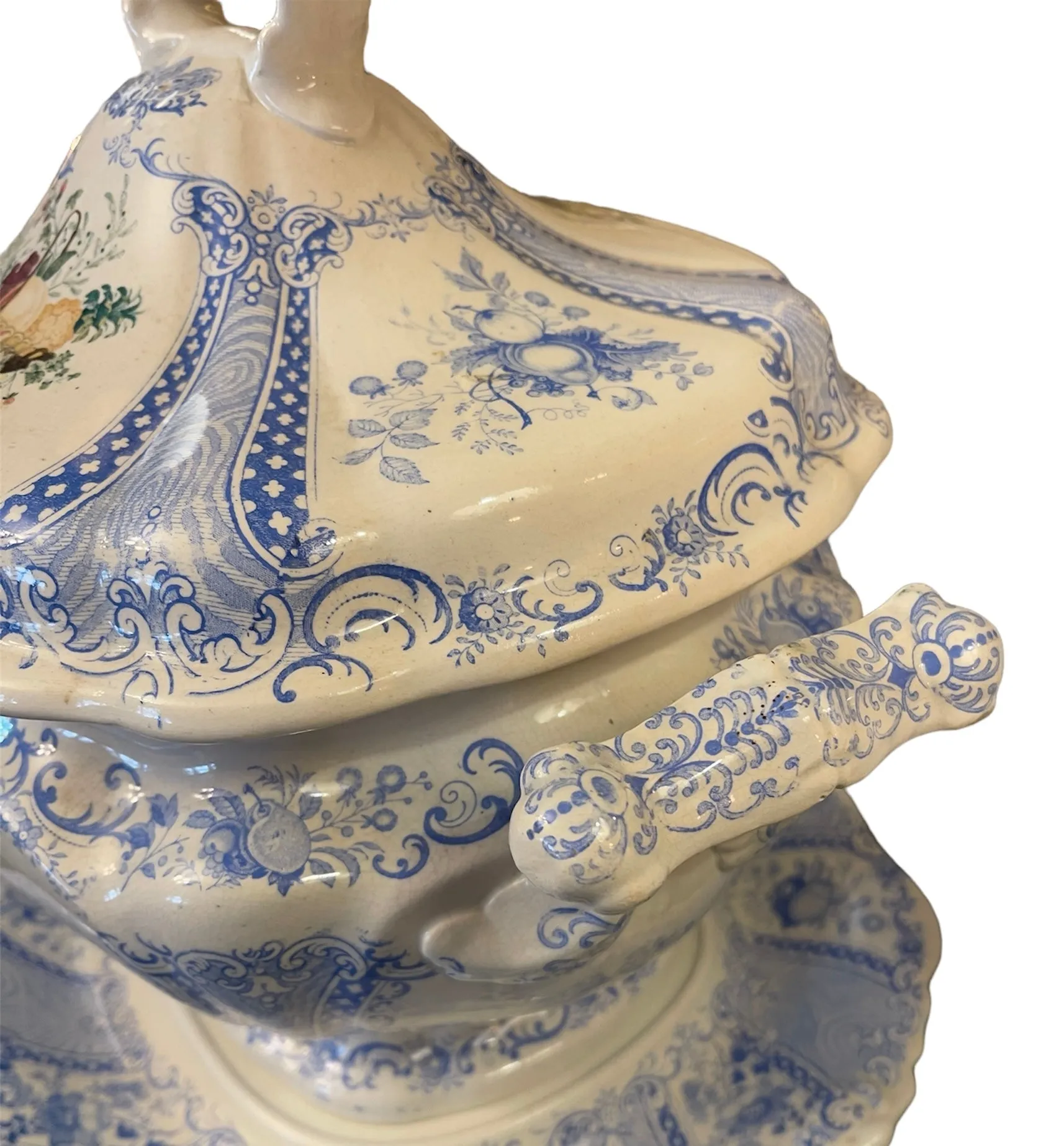 Super RARE Huge W S & Co ' WEDGeWOOD ' Fruit Basket Soup Tureen & Ladle Faux Bois Blue Polychrome Transferware