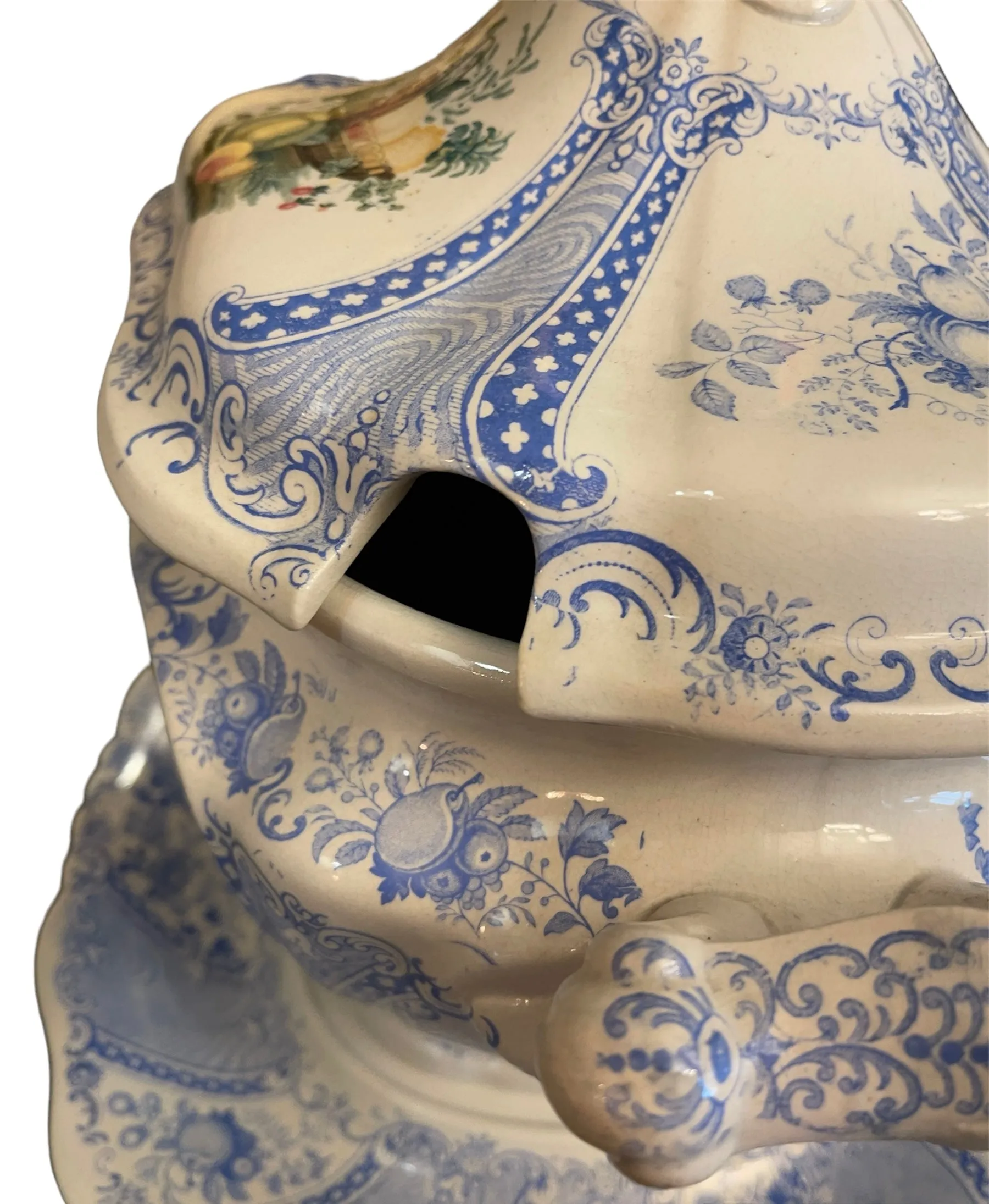 Super RARE Huge W S & Co ' WEDGeWOOD ' Fruit Basket Soup Tureen & Ladle Faux Bois Blue Polychrome Transferware