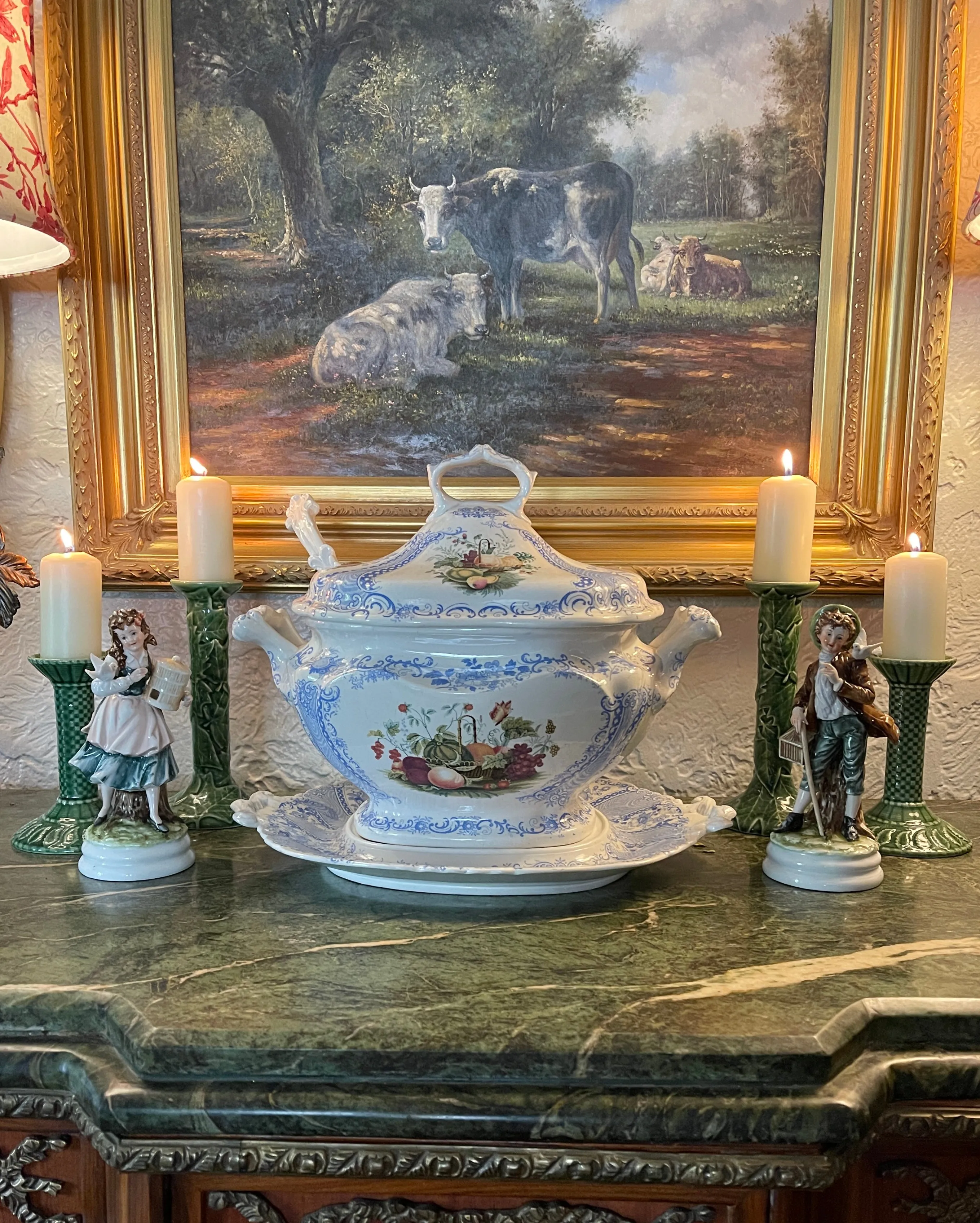 Super RARE Huge W S & Co ' WEDGeWOOD ' Fruit Basket Soup Tureen & Ladle Faux Bois Blue Polychrome Transferware