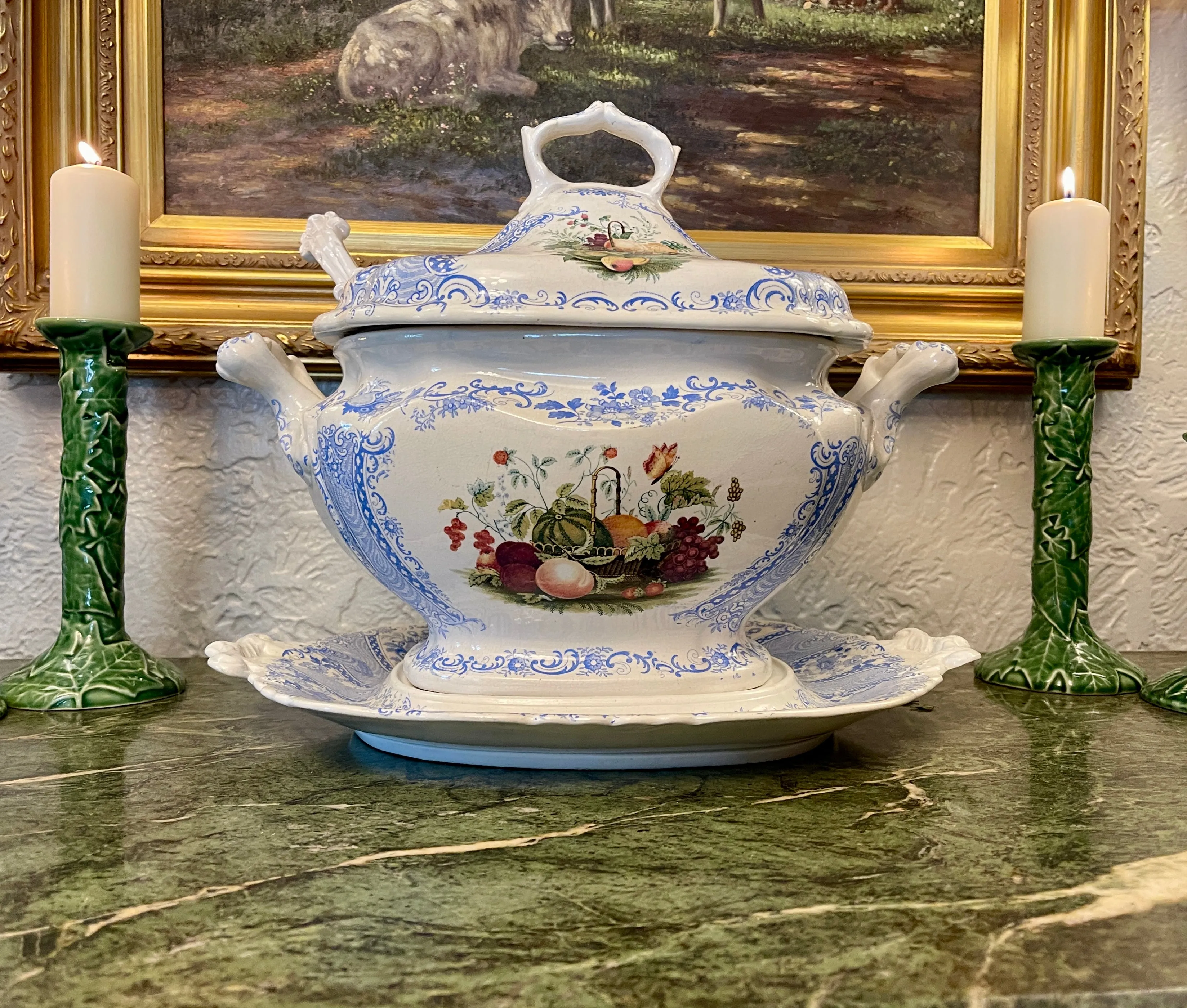 Super RARE Huge W S & Co ' WEDGeWOOD ' Fruit Basket Soup Tureen & Ladle Faux Bois Blue Polychrome Transferware
