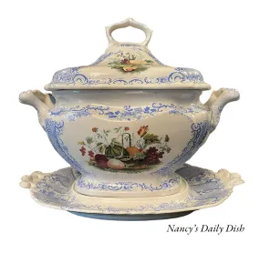 Super RARE Huge W S & Co ' WEDGeWOOD ' Fruit Basket Soup Tureen & Ladle Faux Bois Blue Polychrome Transferware