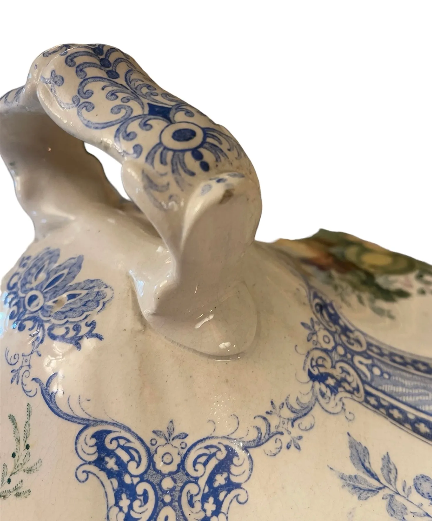 Super RARE Huge W S & Co ' WEDGeWOOD ' Fruit Basket Soup Tureen & Ladle Faux Bois Blue Polychrome Transferware