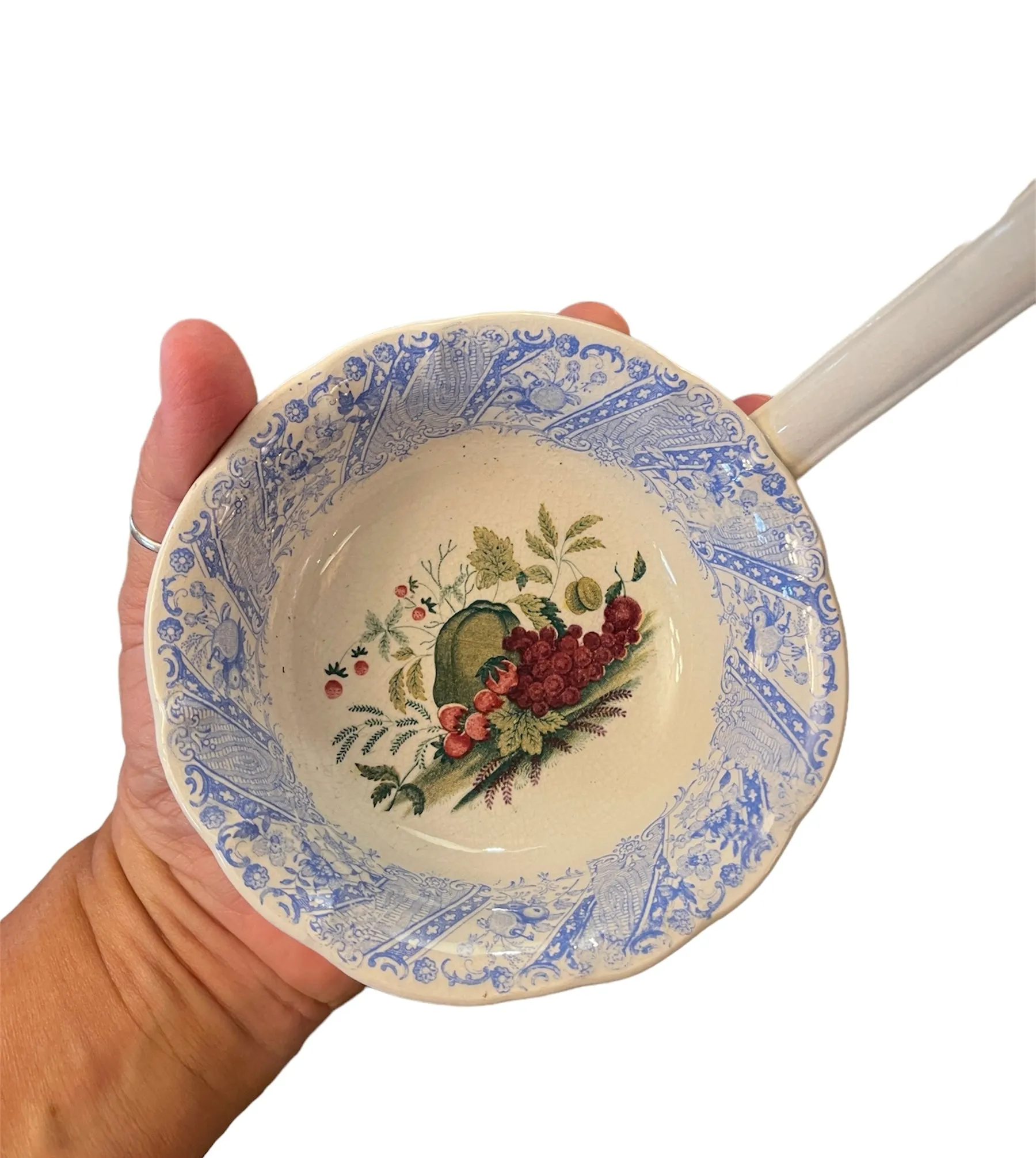 Super RARE Huge W S & Co ' WEDGeWOOD ' Fruit Basket Soup Tureen & Ladle Faux Bois Blue Polychrome Transferware