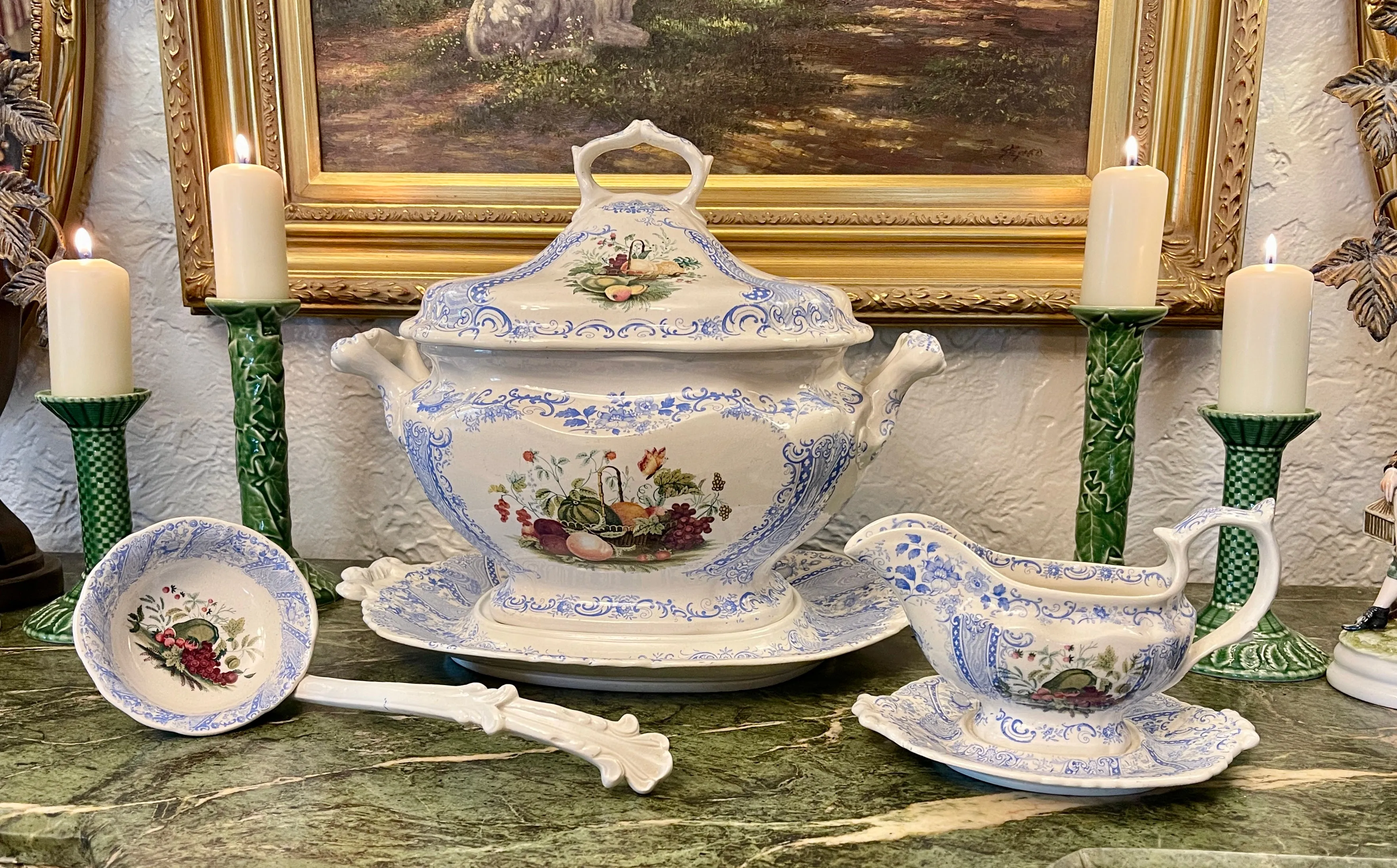 Super RARE W S & Co ' WEDGeWOOD ' Fruit Basket Handled Tray / Underplate Faux Bois Blue Polychrome Transferware