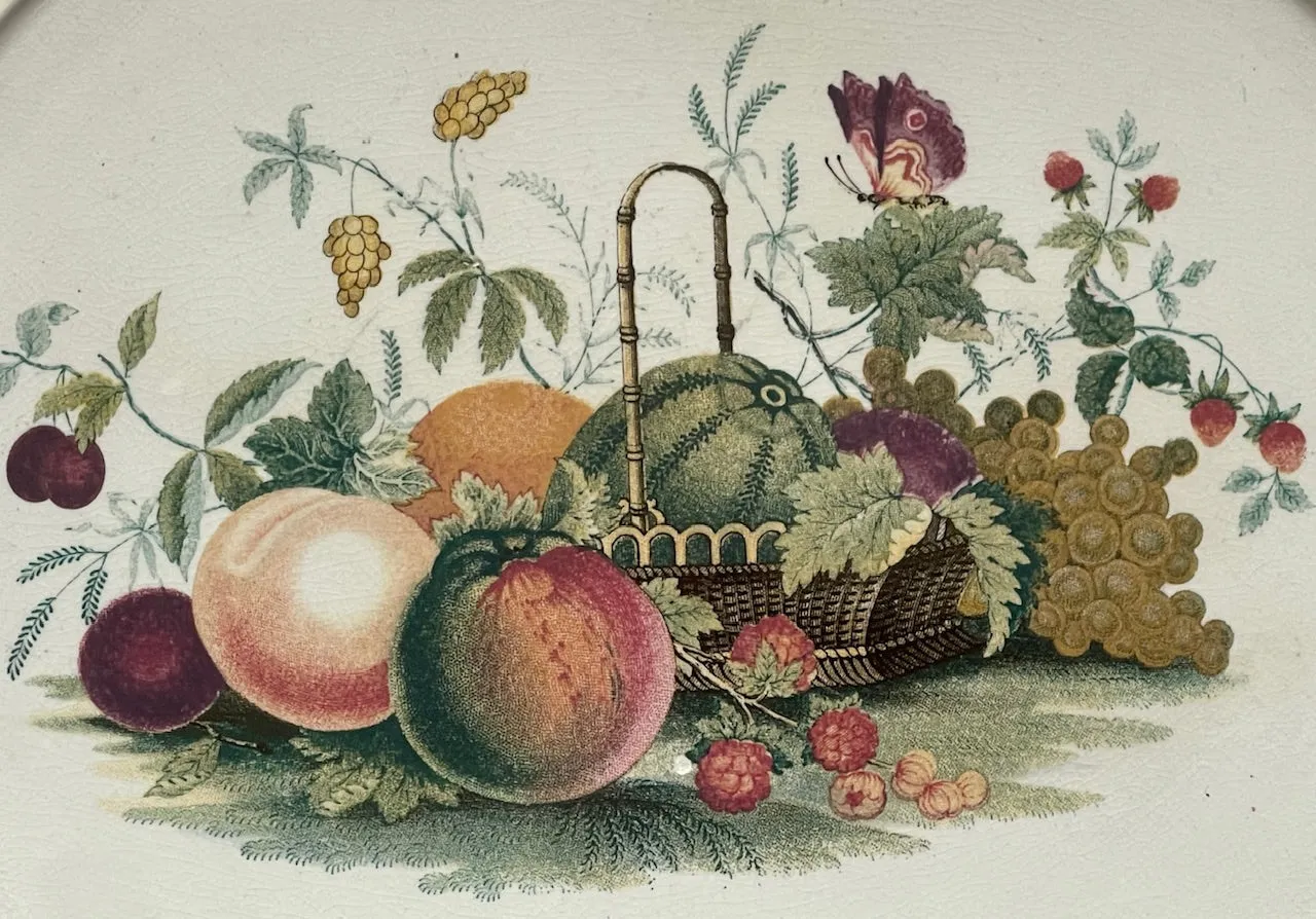 Super RARE W S & Co ' WEDGeWOOD ' Fruit Basket Handled Tray / Underplate Faux Bois Blue Polychrome Transferware