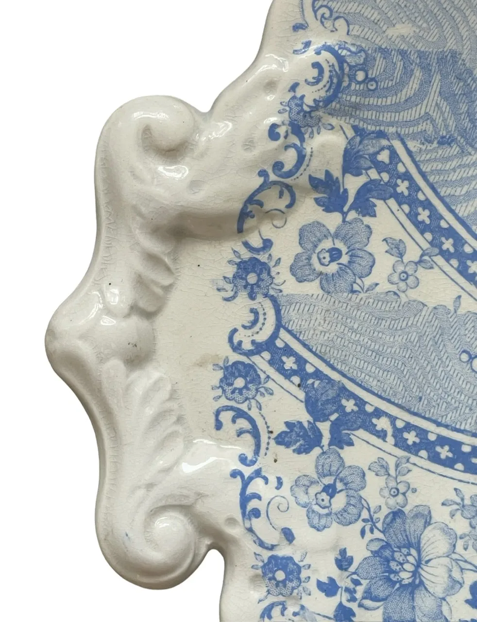 Super RARE W S & Co ' WEDGeWOOD ' Fruit Basket Handled Tray / Underplate Faux Bois Blue Polychrome Transferware