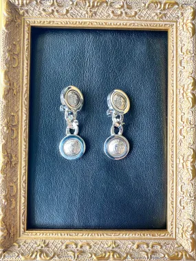 Vintage Gianni Versace silver dangle earrings with medusa faces and chain motif. Must have Lady Gaga style jewelry piece. 050601ya2