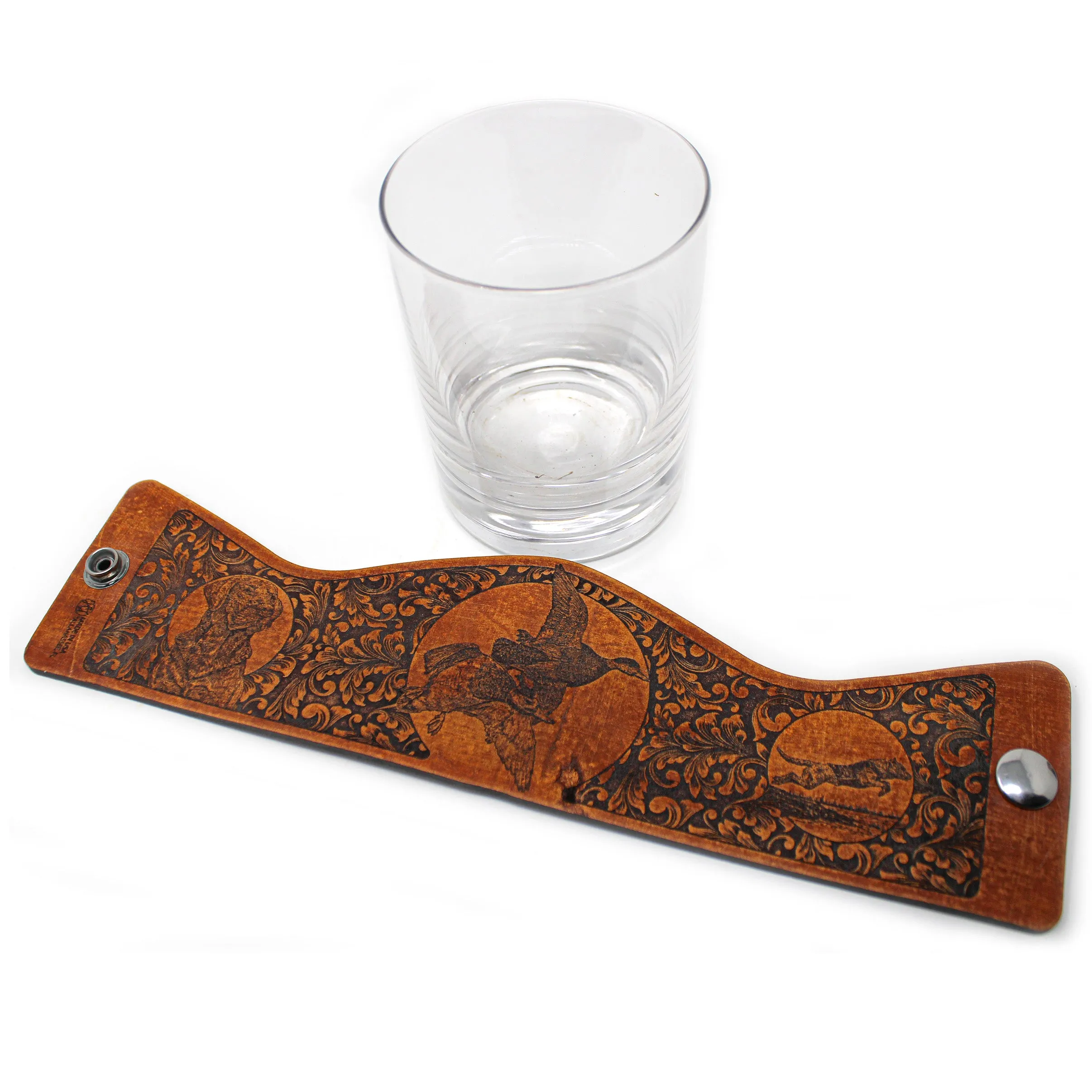 Whiskey Glass Leather Wrap - Duck Hunt Bird Dog Rocks Glass Set
