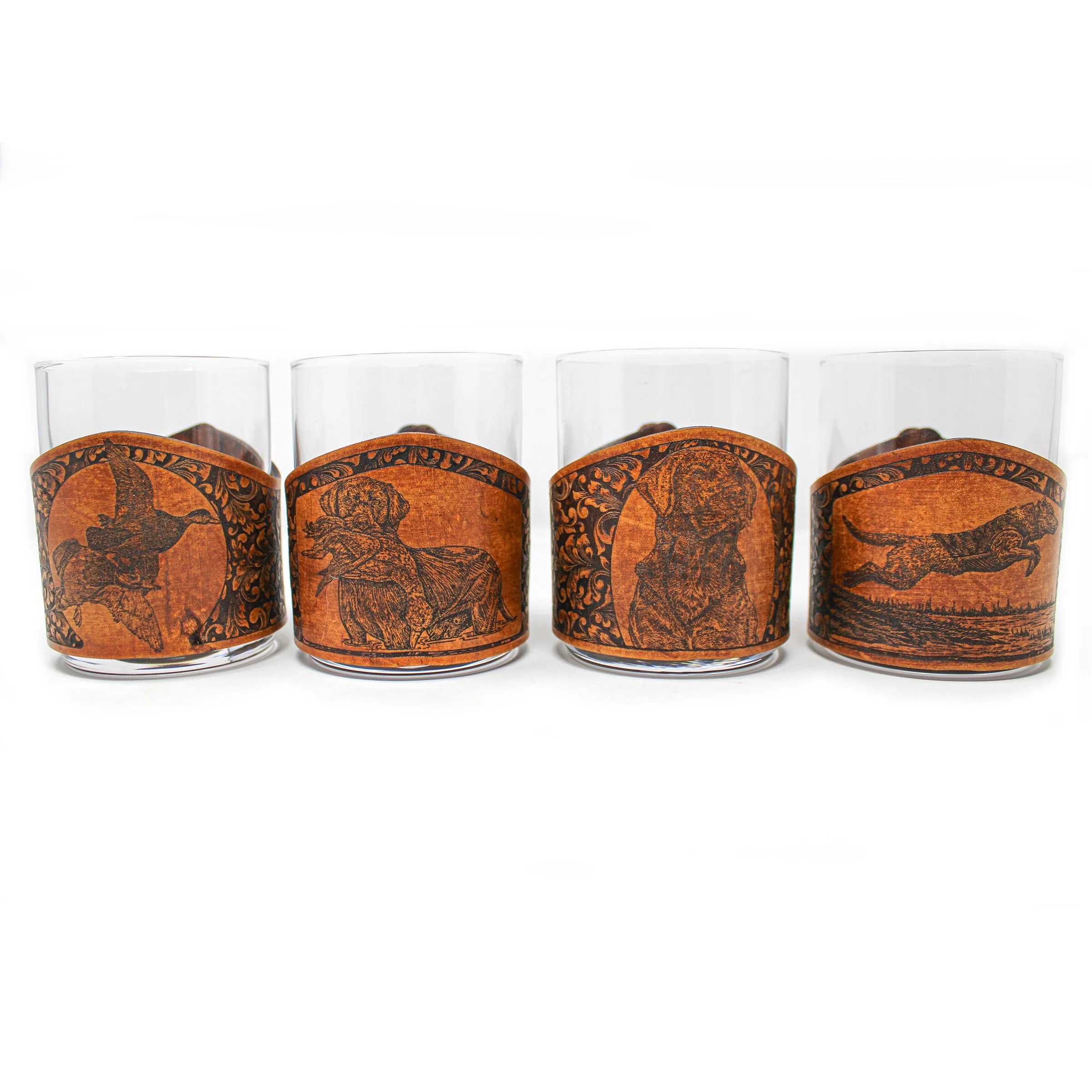Whiskey Glass Leather Wrap - Duck Hunt Bird Dog Rocks Glass Set