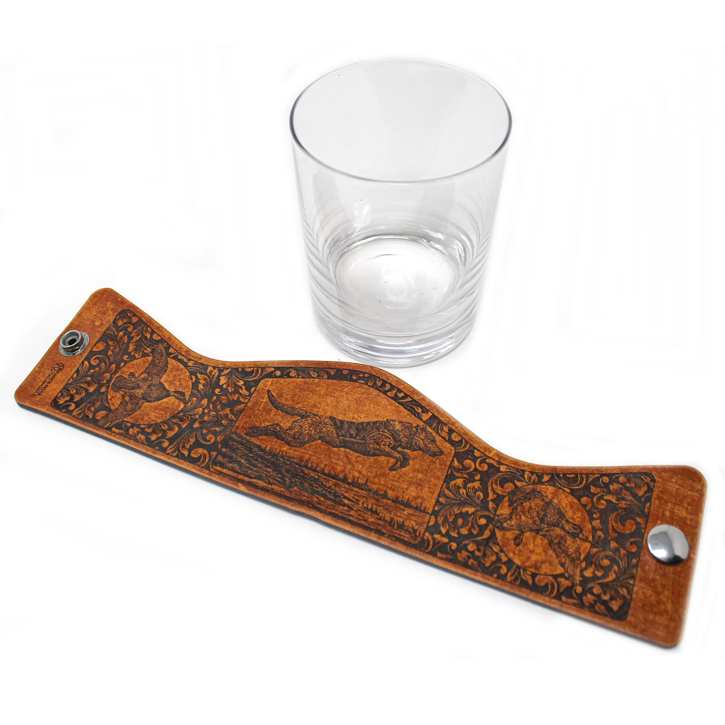 Whiskey Glass Leather Wrap - Duck Hunt Bird Dog Rocks Glass Set