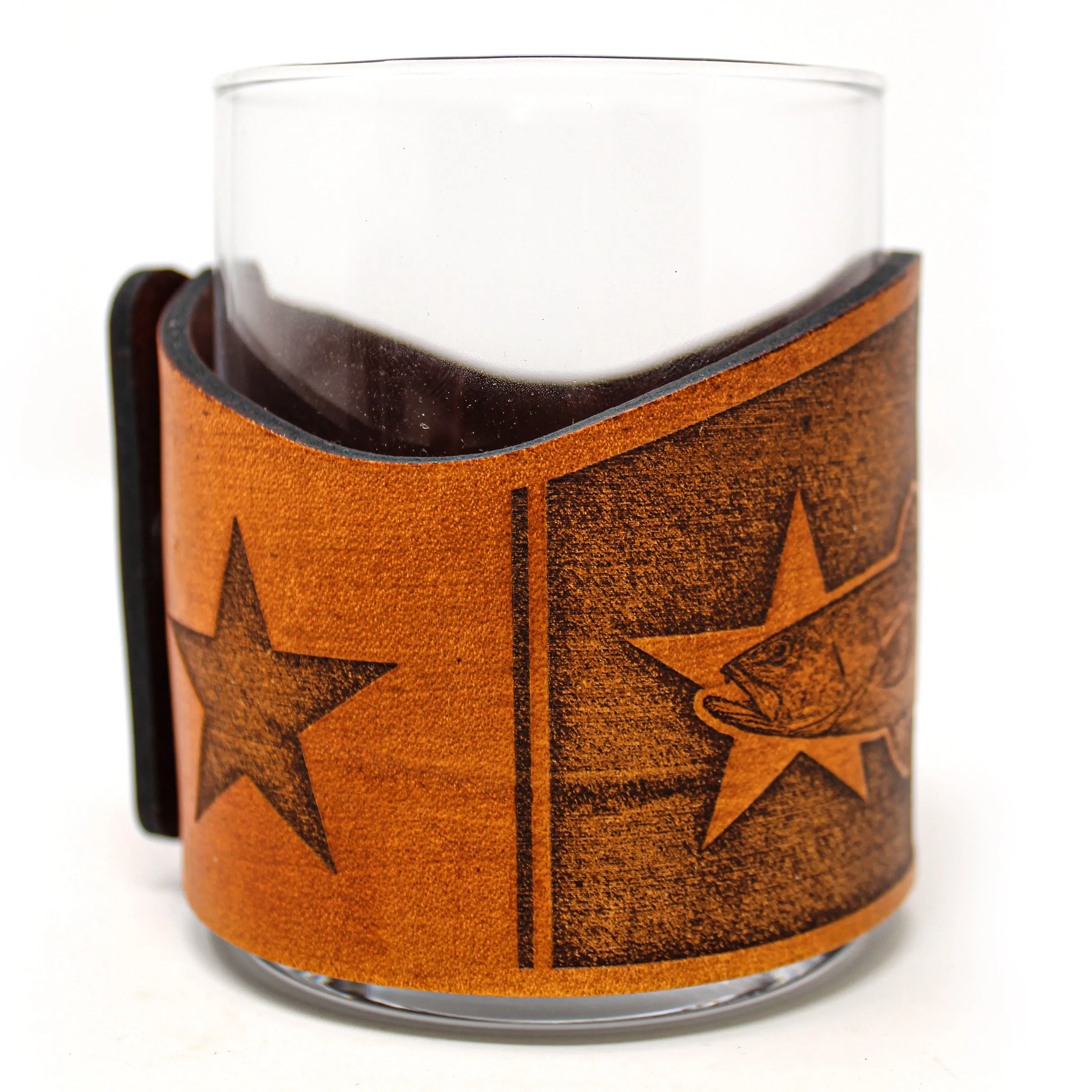 Whiskey Glass Leather Wrap - TX Flag Spotted Sea Trout Rocks Glass