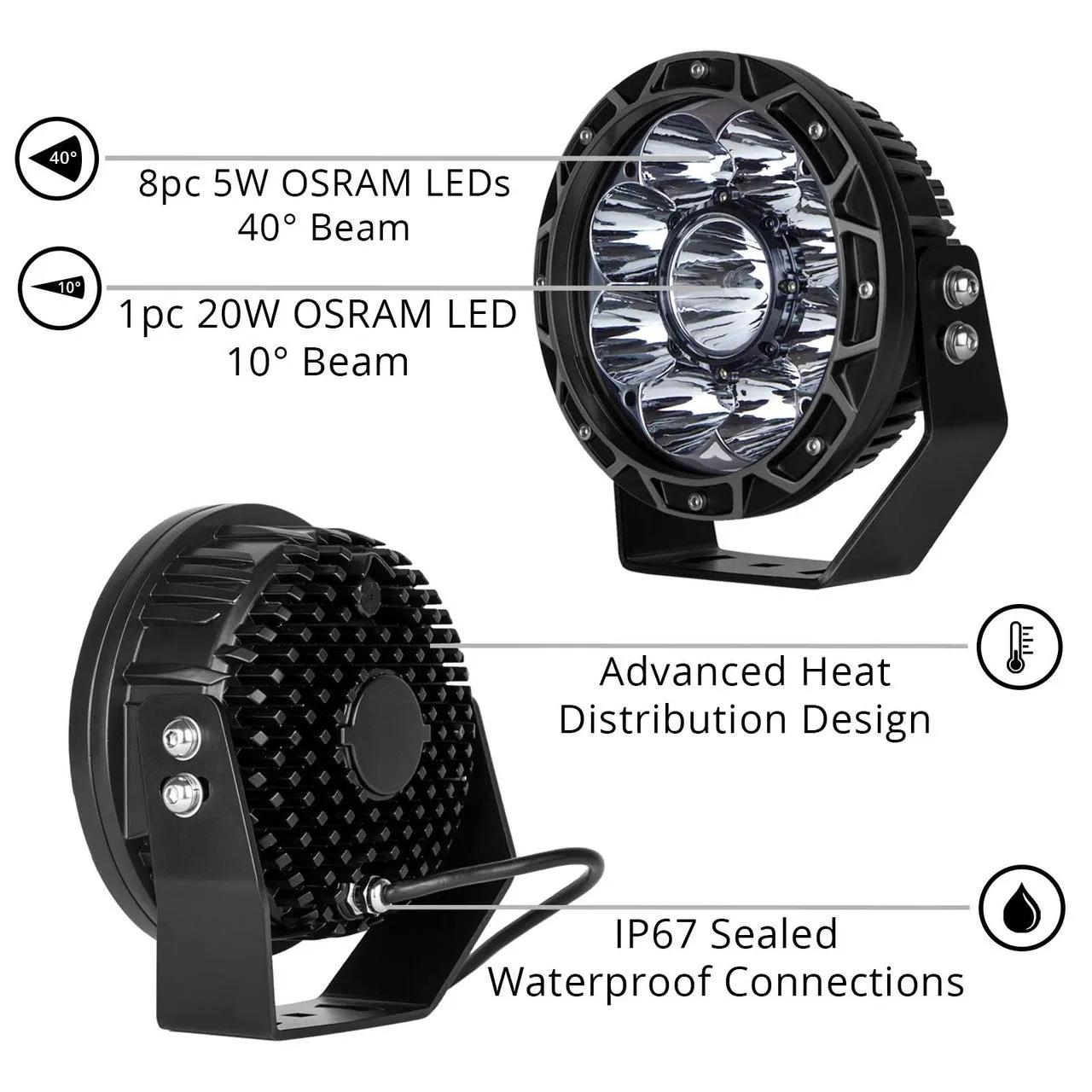 XKGlow 2pc Combo Beam Offroad Round Work Light Kit - 44 Watts 7 inches